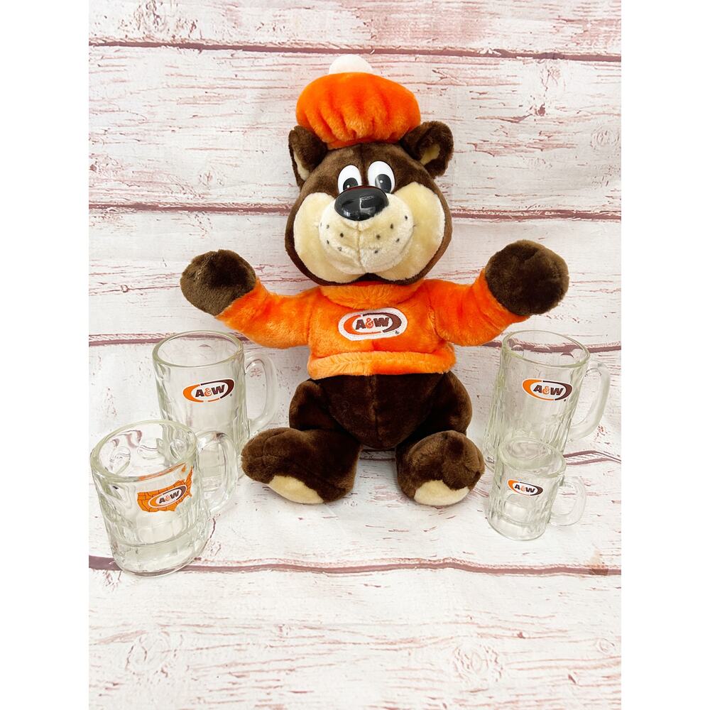 A&W ROOT BEER Vintage 1995 Great Root Bear Plush 4 Glass Mug Set 90s Heavy Duty